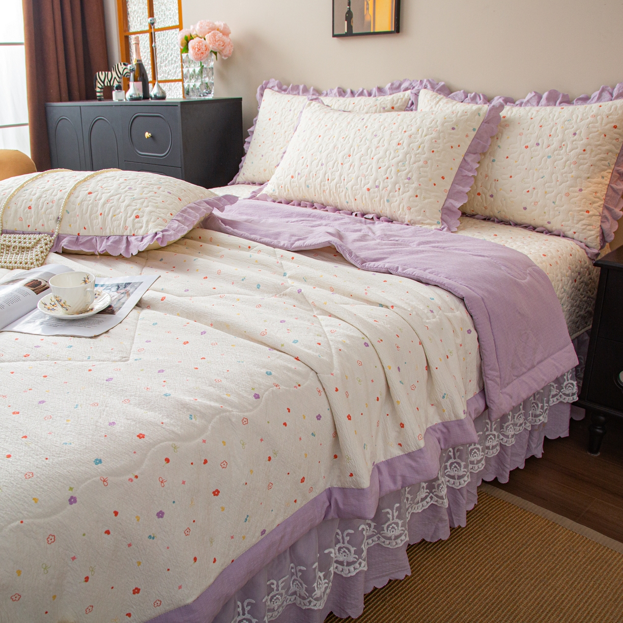 91家纺网 家纺一手货源 找家纺 美之润家纺 2026新款原麻夹棉床盖夏被四件套 紫星碎梦