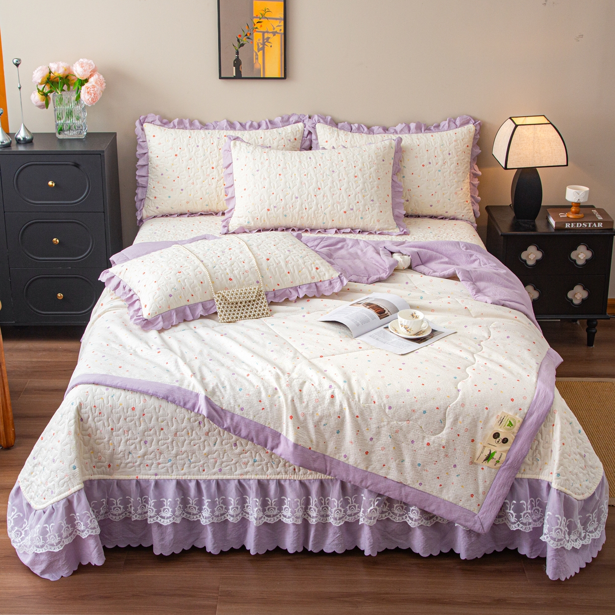 美之润家纺 2026新款原麻夹棉床盖夏被四件套 紫星碎梦