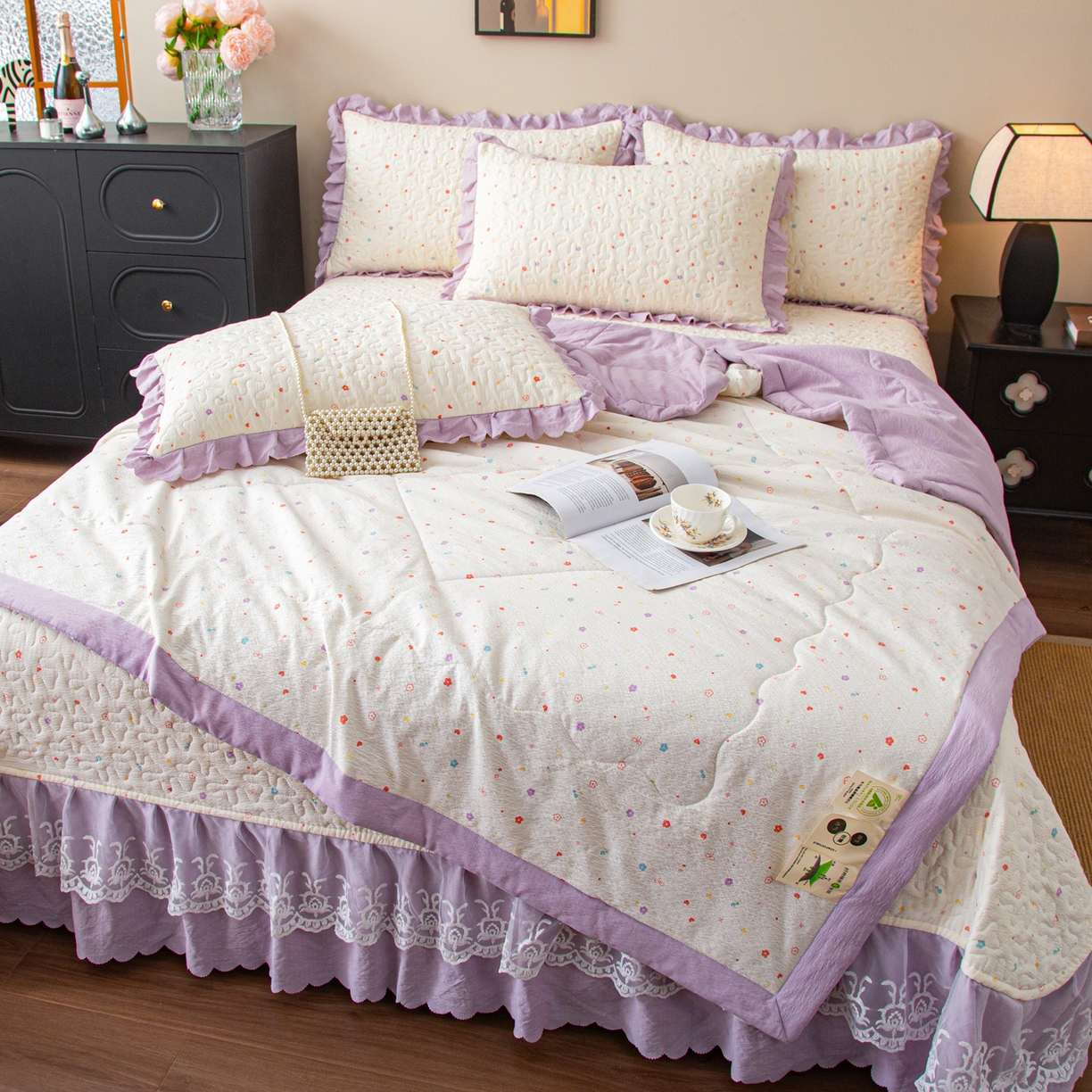 91家纺网 家纺一手货源 找家纺 美之润家纺 2026新款原麻夹棉床盖夏被四件套 紫星碎梦