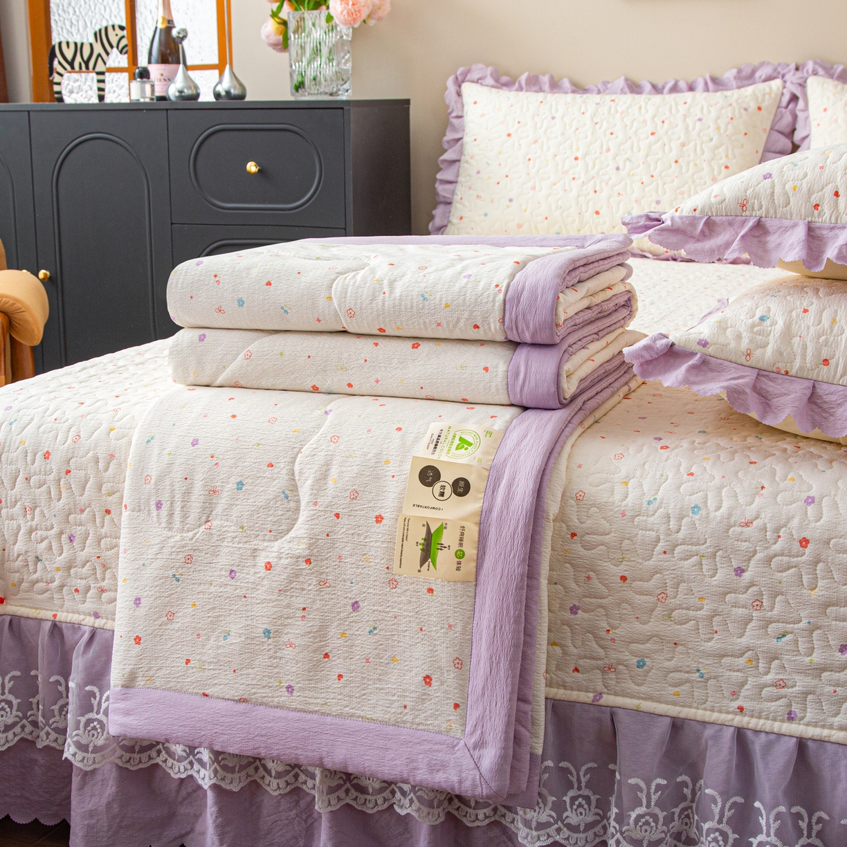 91家纺网 家纺一手货源 找家纺 美之润家纺 2026新款原麻夹棉床盖夏被四件套 紫星碎梦