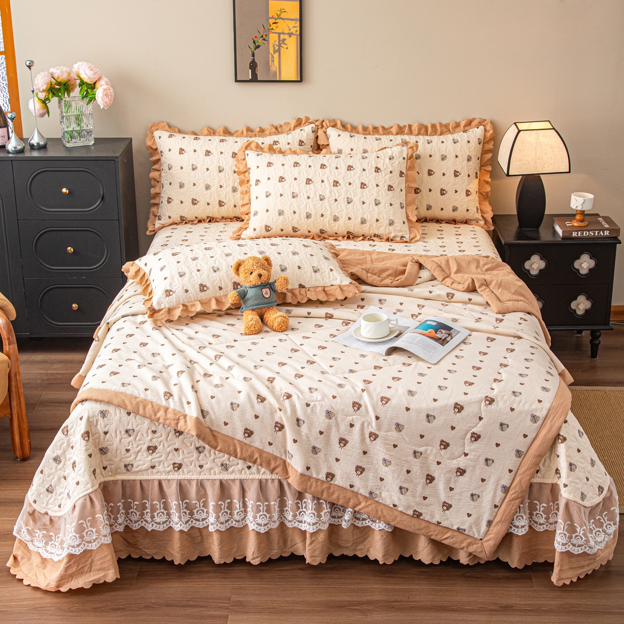 美之润家纺 2026新款原麻夹棉床盖夏被四件套 棕咖奶熊