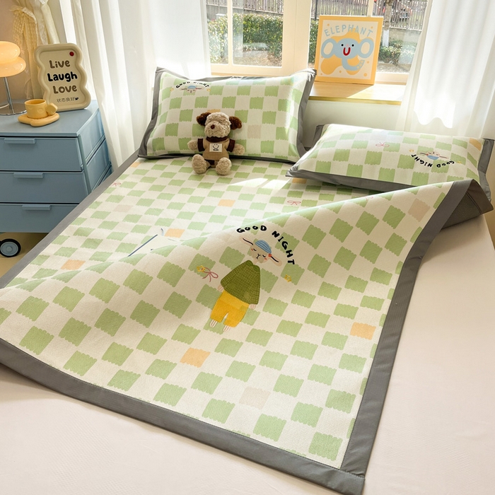 91家纺网 家纺一手货源 找家纺 雅居纺家纺 2026新款A类加厚三明治底绣花冰藤席床单款凉席席子 晚安猫