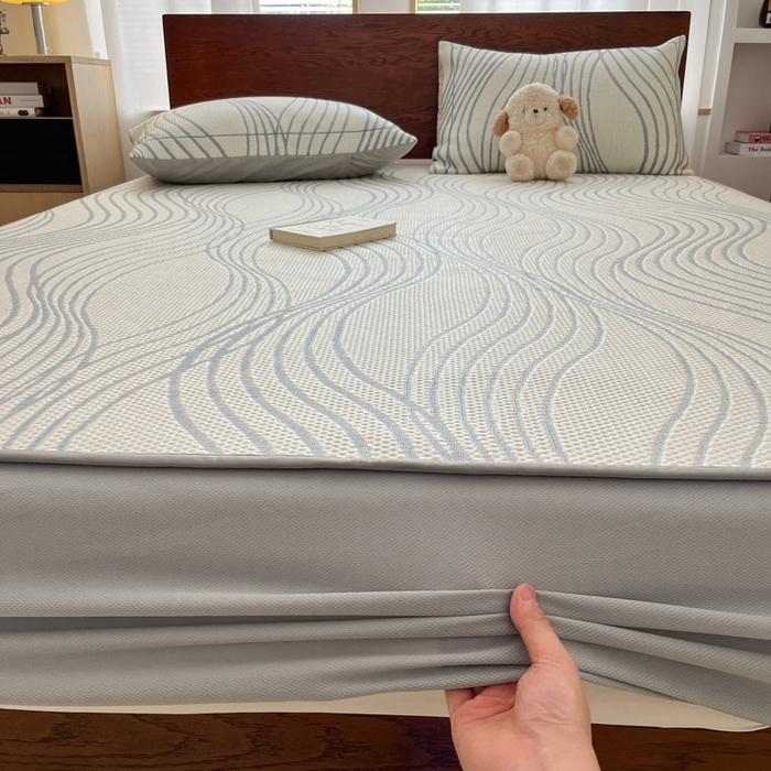 91家纺网 家纺一手货源 找家纺 雅居纺家纺 2026新款加厚三明治底凉感豆豆简约款凉感席床笠款凉席席子 曲线-蓝