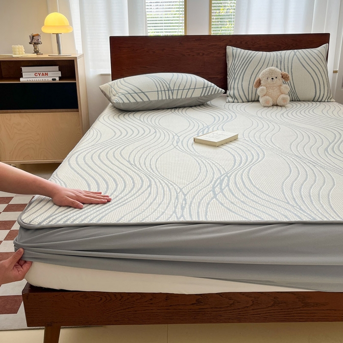 91家纺网 家纺一手货源 找家纺 雅居纺家纺 2026新款加厚三明治底凉感豆豆简约款凉感席床笠款凉席席子 曲线-蓝