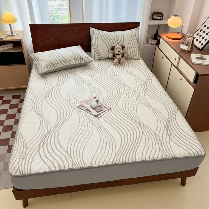 91家纺网 家纺一手货源 找家纺 雅居纺家纺 2026新款加厚三明治底凉感豆豆简约款凉感席床笠款凉席席子 曲线-香槟