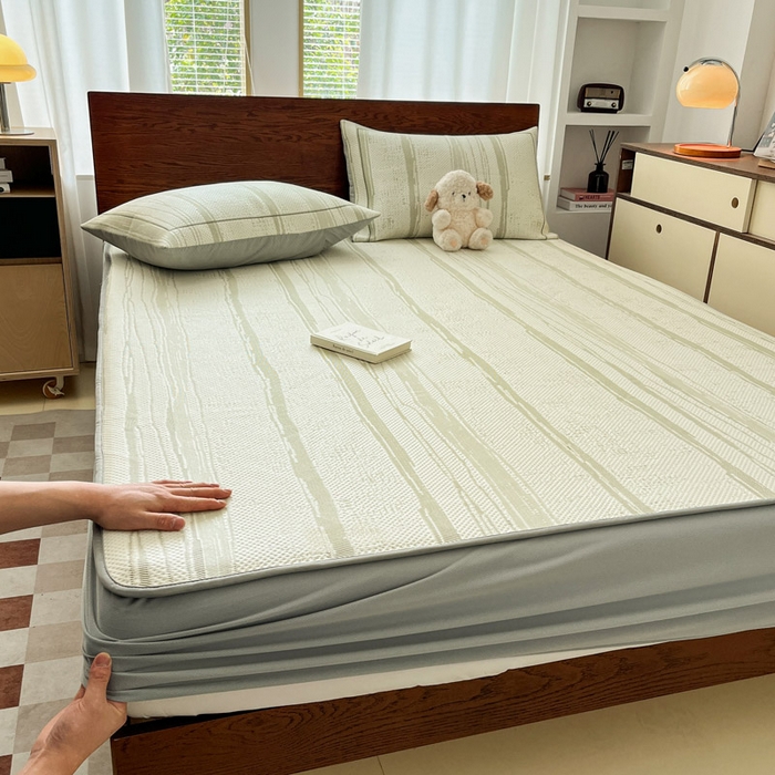 雅居纺家纺 2026新款加厚三明治底凉感豆豆简约款凉感席床笠款凉席席子 条纹-绿