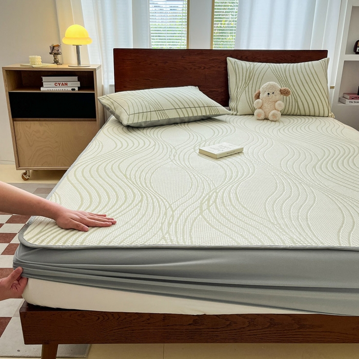 91家纺网 家纺一手货源 找家纺 雅居纺家纺 2026新款加厚三明治底凉感豆豆简约款凉感席床笠款凉席席子 曲线-绿