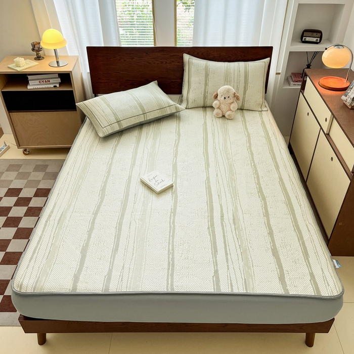 91家纺网 家纺一手货源 找家纺 雅居纺家纺 2026新款加厚三明治底凉感豆豆简约款凉感席床笠款凉席席子 条纹-绿