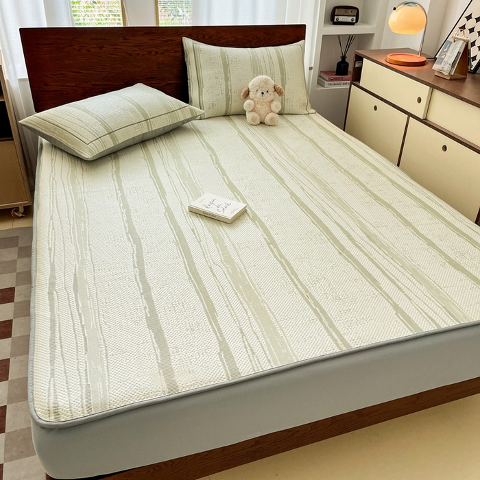 91家纺网 家纺一手货源 找家纺 雅居纺家纺 2026新款加厚三明治底凉感豆豆简约款凉感席床笠款凉席席子 条纹-绿