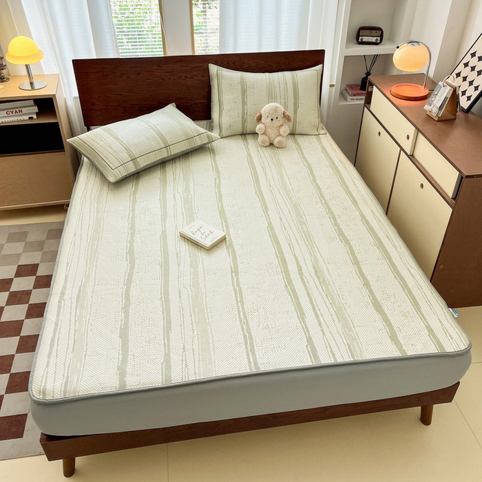 91家纺网 家纺一手货源 找家纺 雅居纺家纺 2026新款加厚三明治底凉感豆豆简约款凉感席床笠款凉席席子 条纹-绿