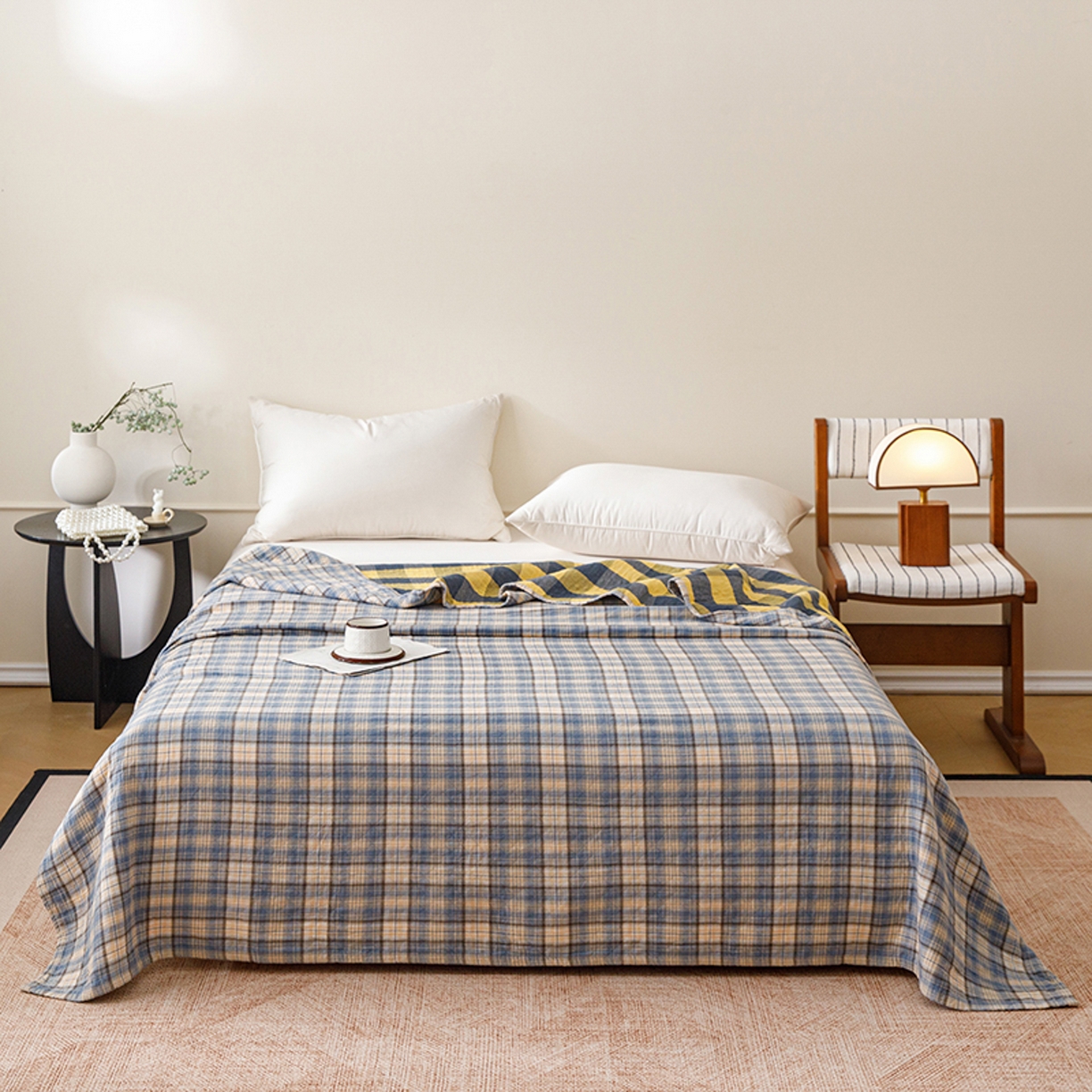 91家纺网 家纺一手货源 找家纺 悦然毛巾被 2026春夏新款全棉纯棉三层纱水洗毛巾被夏被夏凉被空调被 彩格蓝