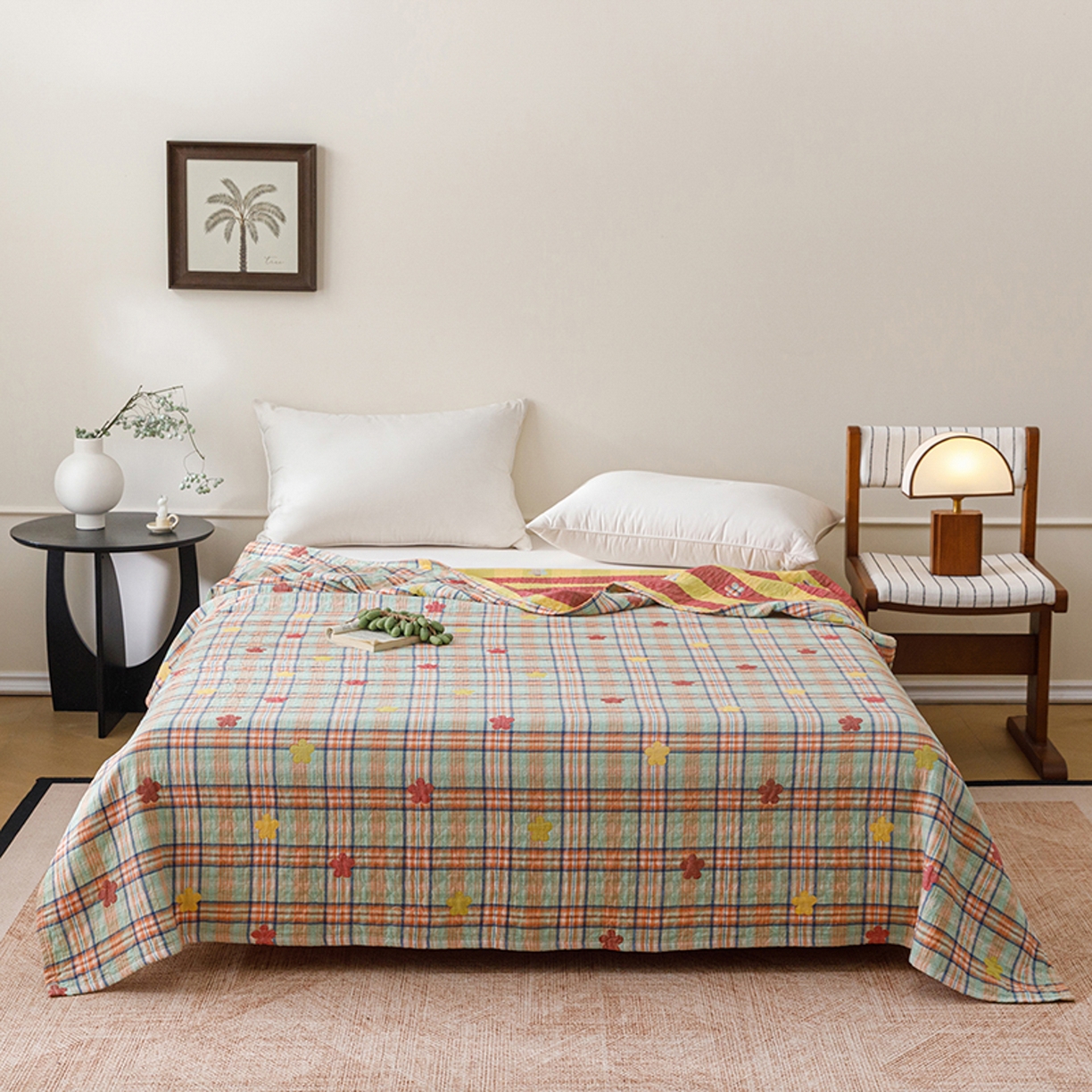 91家纺网 家纺一手货源 找家纺 悦然毛巾被 2026春夏新款全棉纯棉三层纱水洗毛巾被夏被夏凉被空调被 彩格小花绿