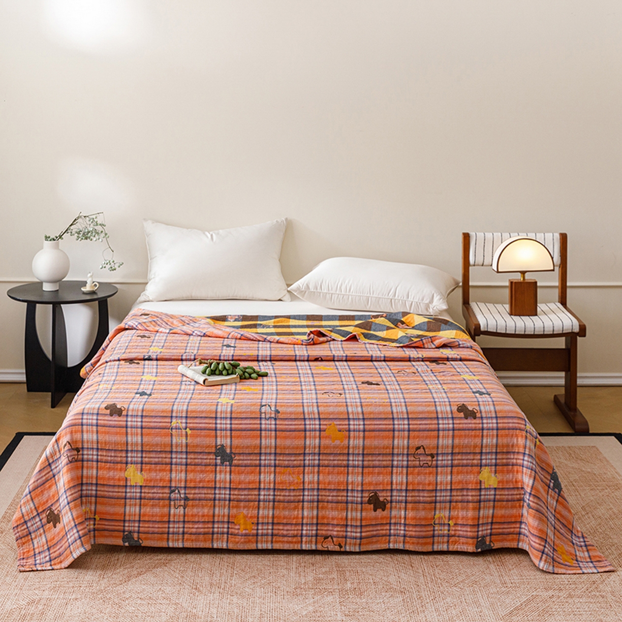 91家纺网 家纺一手货源 找家纺 悦然毛巾被 2026春夏新款全棉纯棉三层纱水洗毛巾被夏被夏凉被空调被 彩格小马橙