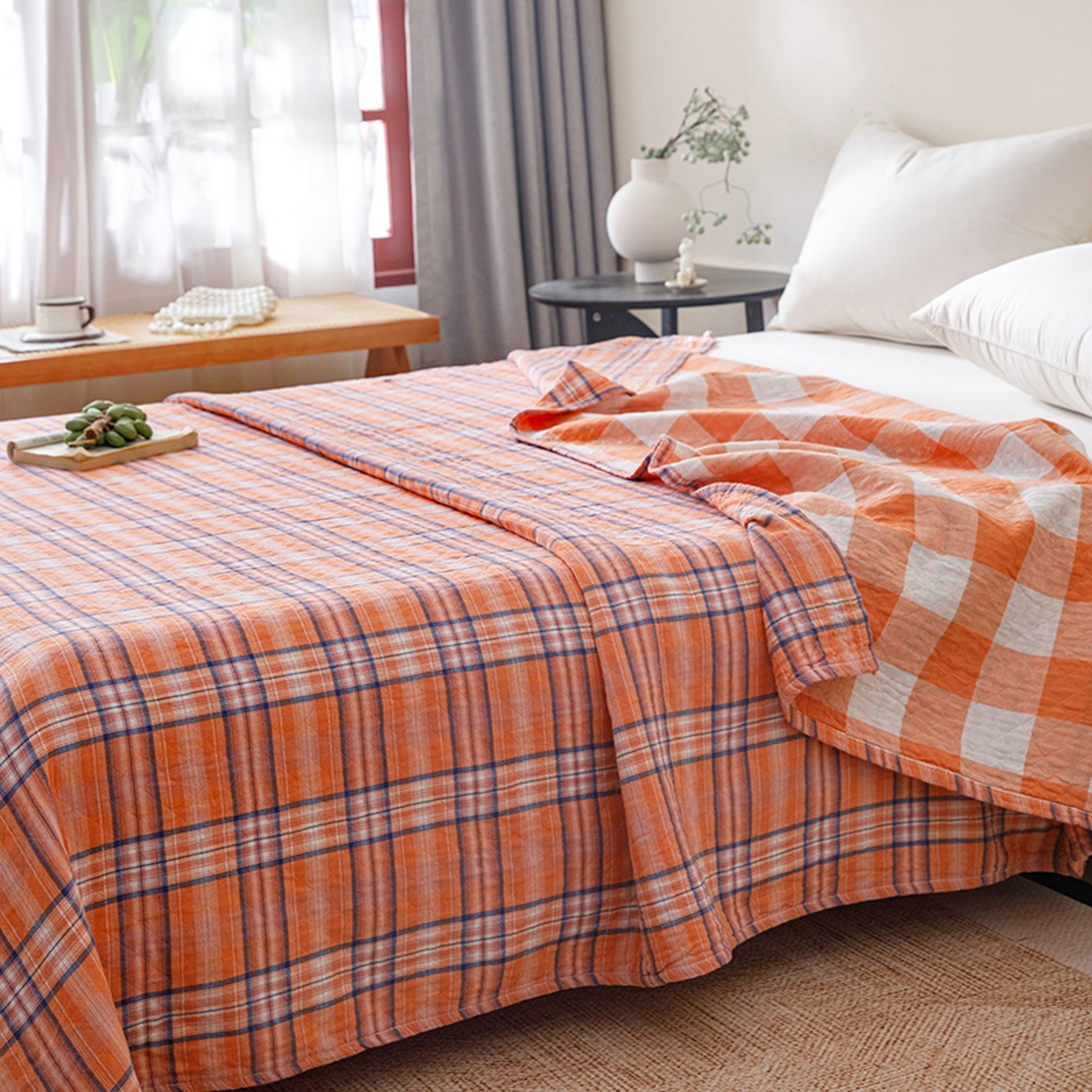 91家纺网 家纺一手货源 找家纺 悦然毛巾被 2026春夏新款全棉纯棉三层纱水洗毛巾被夏被夏凉被空调被 彩格橙