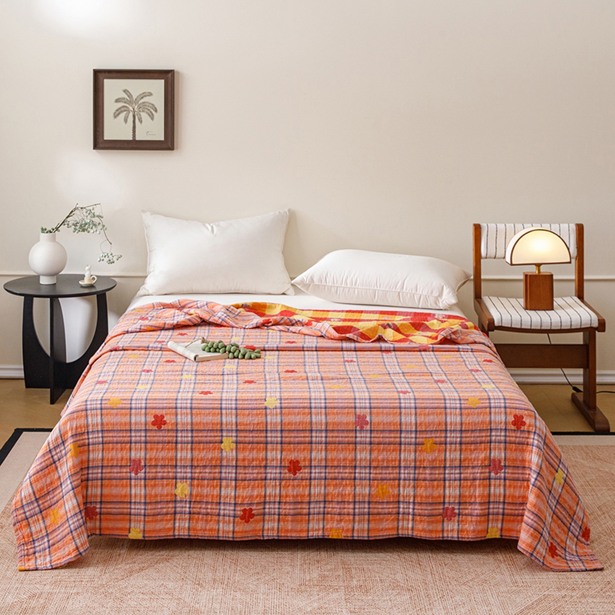 91家纺网 家纺一手货源 找家纺 悦然毛巾被 2026春夏新款全棉纯棉三层纱水洗毛巾被夏被夏凉被空调被 彩格小花橙