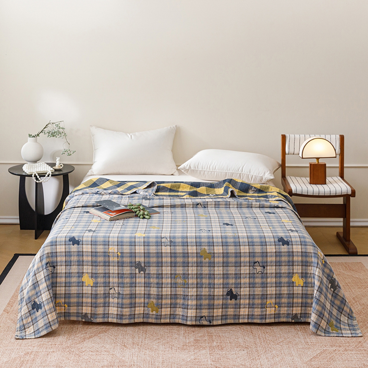 91家纺网 家纺一手货源 找家纺 悦然毛巾被 2026春夏新款全棉纯棉三层纱水洗毛巾被夏被夏凉被空调被 彩格小马蓝