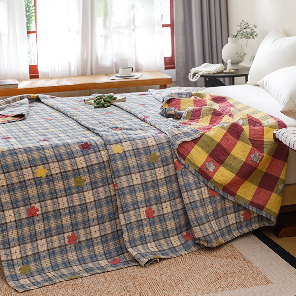 91家纺网 家纺一手货源 找家纺 悦然毛巾被 2026春夏新款全棉纯棉三层纱水洗毛巾被夏被夏凉被空调被 彩格小花蓝