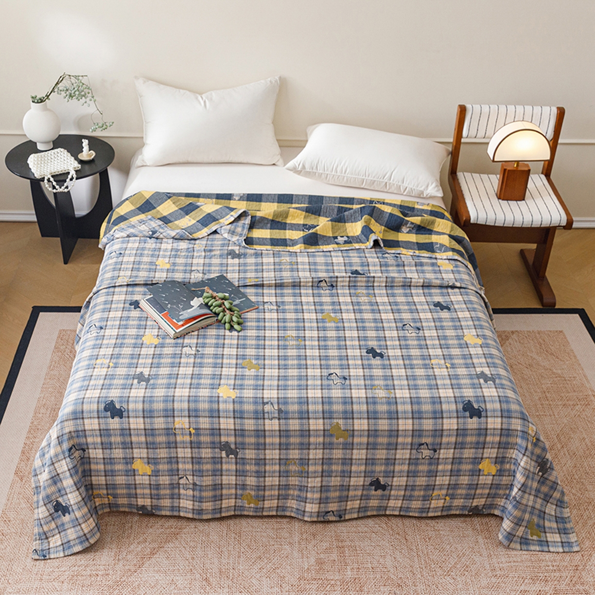 91家纺网 家纺一手货源 找家纺 悦然毛巾被 2026春夏新款全棉纯棉三层纱水洗毛巾被夏被夏凉被空调被 彩格小马蓝