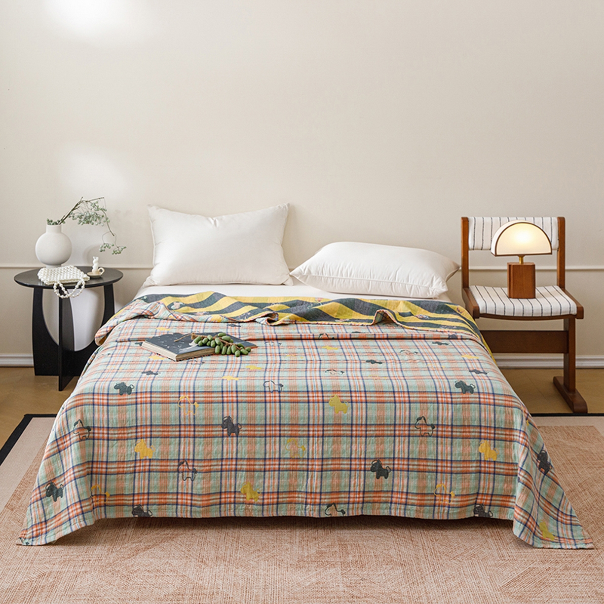 91家纺网 家纺一手货源 找家纺 悦然毛巾被 2026春夏新款全棉纯棉三层纱水洗毛巾被夏被夏凉被空调被 彩格小马绿