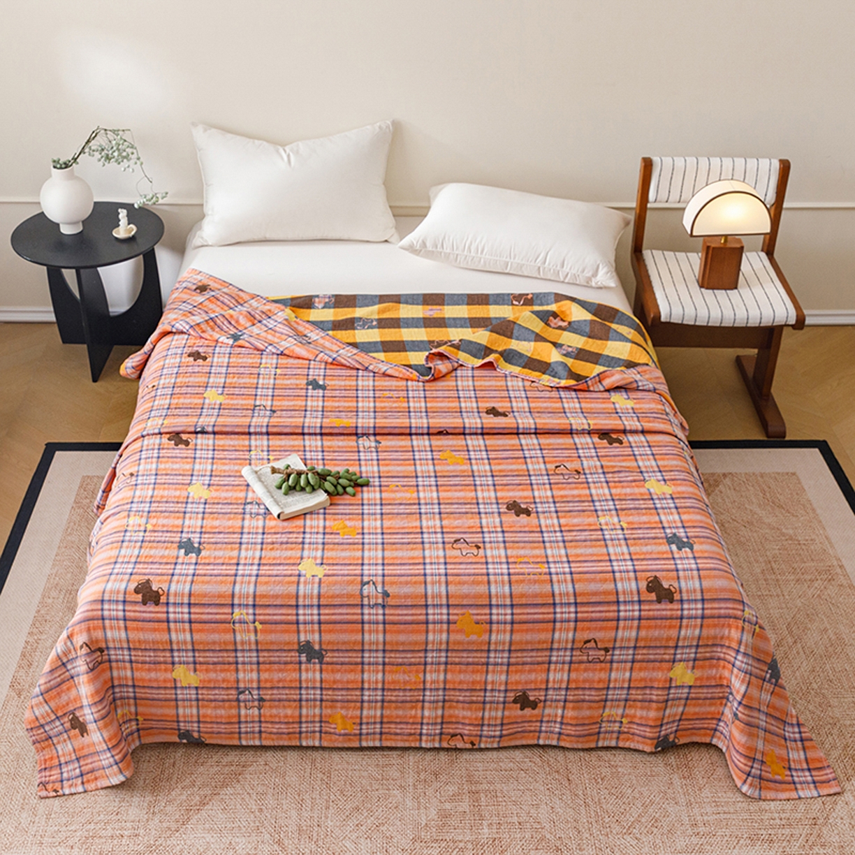 91家纺网 家纺一手货源 找家纺 悦然毛巾被 2026春夏新款全棉纯棉三层纱水洗毛巾被夏被夏凉被空调被 彩格小马橙