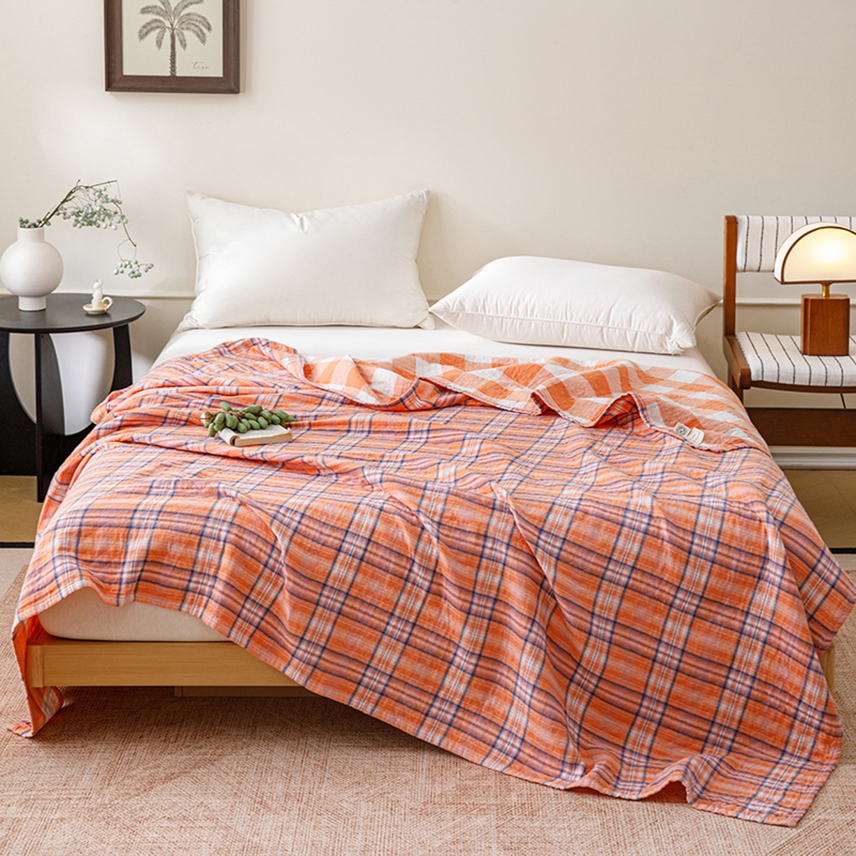 悦然毛巾被 2026春夏新款全棉纯棉三层纱水洗毛巾被夏被夏凉被空调被 彩格橙