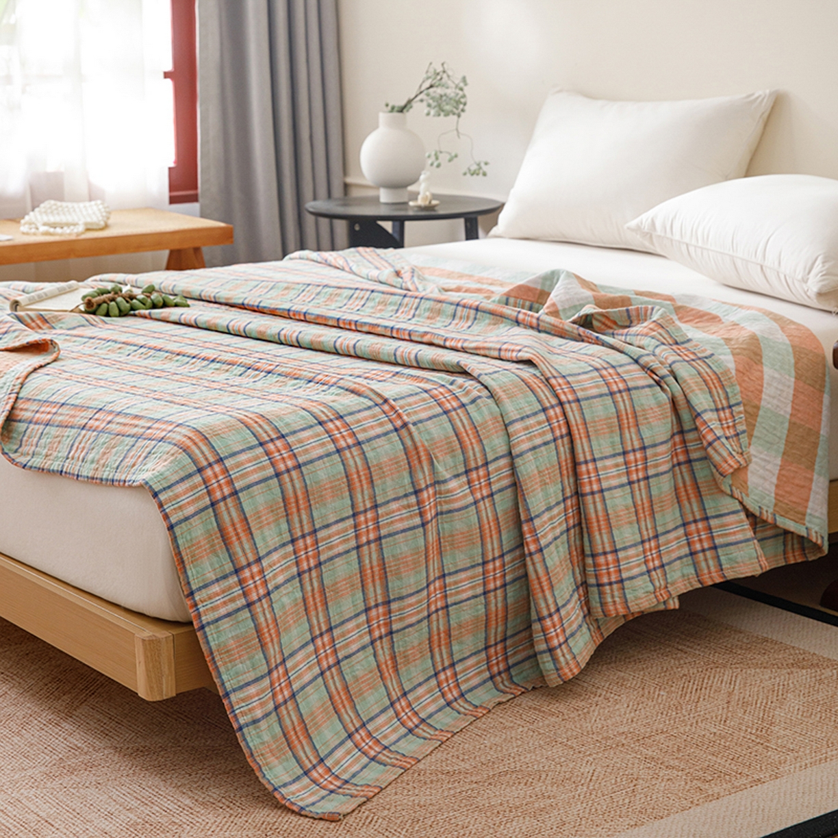 91家纺网 家纺一手货源 找家纺 悦然毛巾被 2026春夏新款全棉纯棉三层纱水洗毛巾被夏被夏凉被空调被 彩格绿