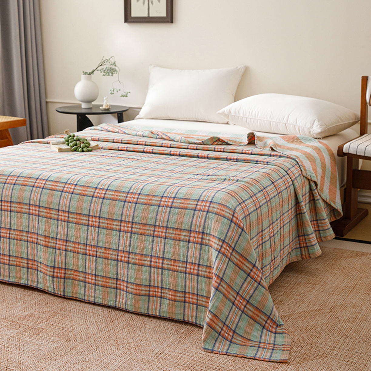 91家纺网 家纺一手货源 找家纺 悦然毛巾被 2026春夏新款全棉纯棉三层纱水洗毛巾被夏被夏凉被空调被 彩格绿