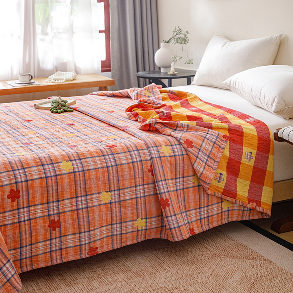 91家纺网 家纺一手货源 找家纺 悦然毛巾被 2026春夏新款全棉纯棉三层纱水洗毛巾被夏被夏凉被空调被 彩格小花橙