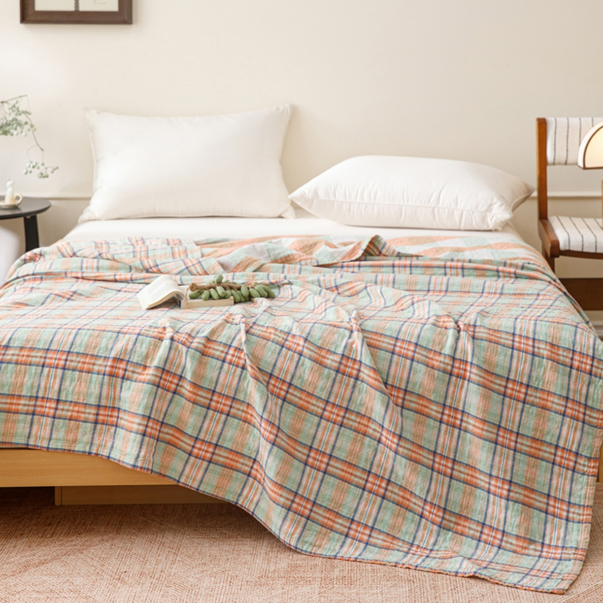 91家纺网 家纺一手货源 找家纺 悦然毛巾被 2026春夏新款全棉纯棉三层纱水洗毛巾被夏被夏凉被空调被 彩格绿