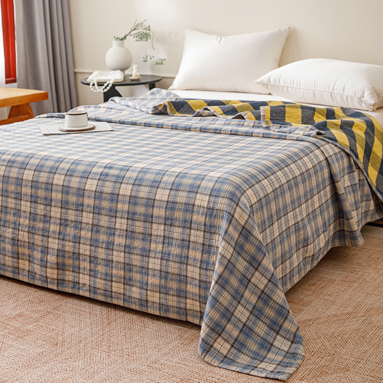 91家纺网 家纺一手货源 找家纺 悦然毛巾被 2026春夏新款全棉纯棉三层纱水洗毛巾被夏被夏凉被空调被 彩格蓝