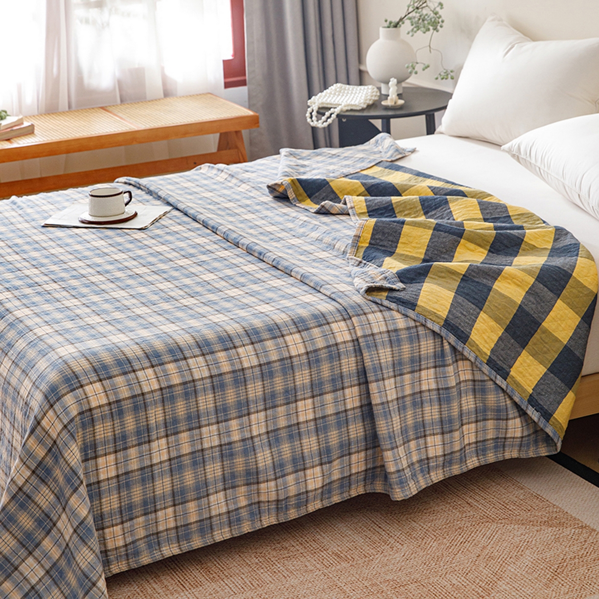 91家纺网 家纺一手货源 找家纺 悦然毛巾被 2026春夏新款全棉纯棉三层纱水洗毛巾被夏被夏凉被空调被 彩格蓝