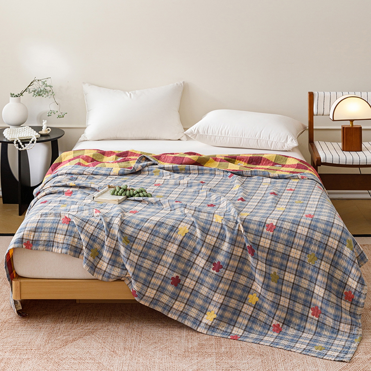 悦然毛巾被 2026春夏新款全棉纯棉三层纱水洗毛巾被夏被夏凉被空调被 彩格小花蓝