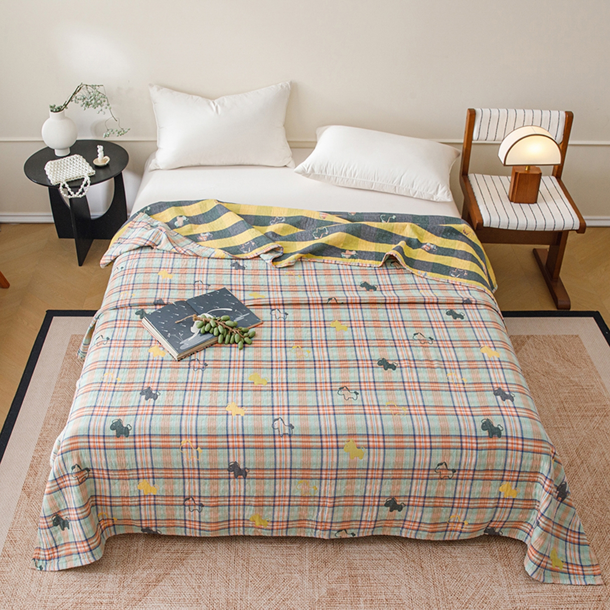 91家纺网 家纺一手货源 找家纺 悦然毛巾被 2026春夏新款全棉纯棉三层纱水洗毛巾被夏被夏凉被空调被 彩格小马绿