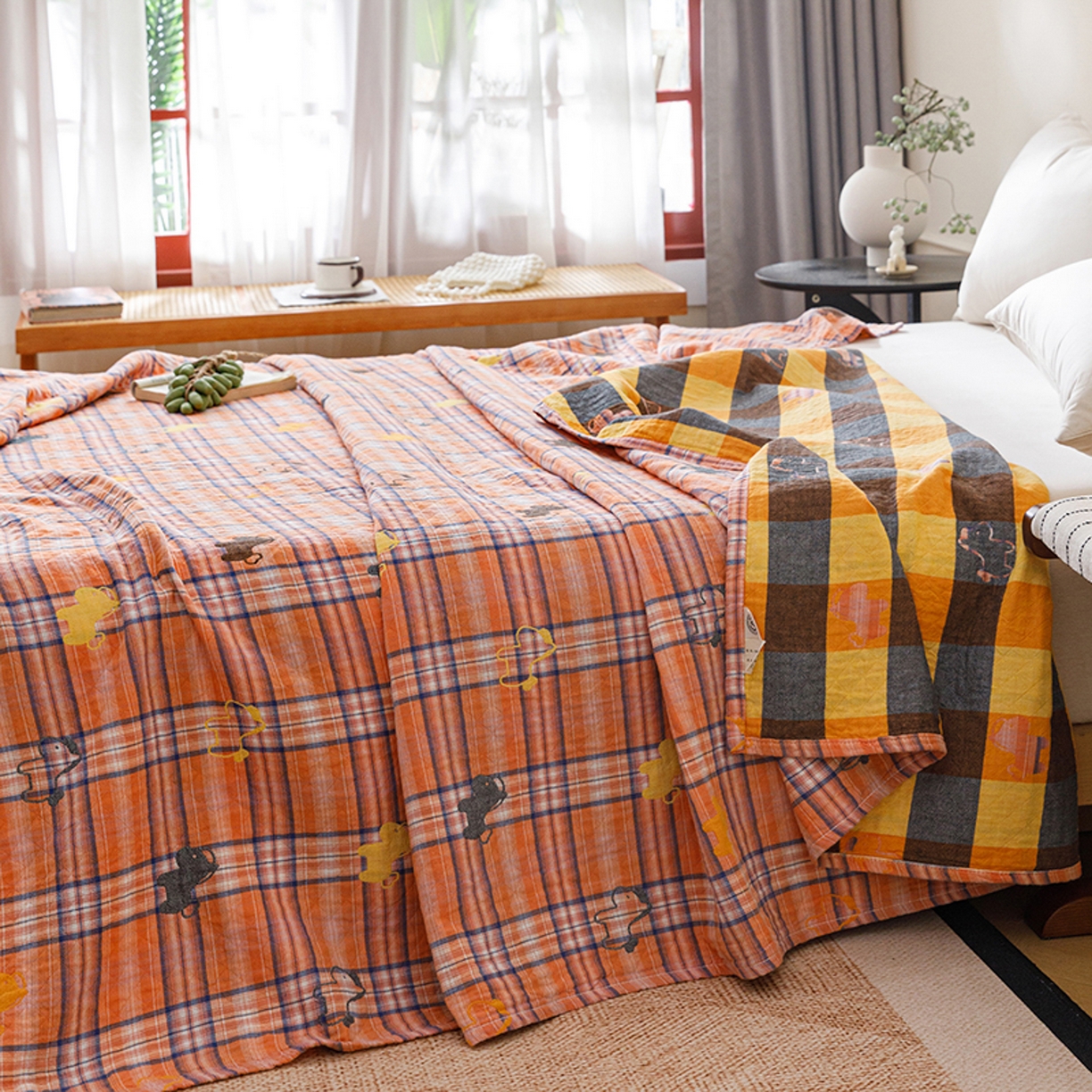 91家纺网 家纺一手货源 找家纺 悦然毛巾被 2026春夏新款全棉纯棉三层纱水洗毛巾被夏被夏凉被空调被 彩格小马橙