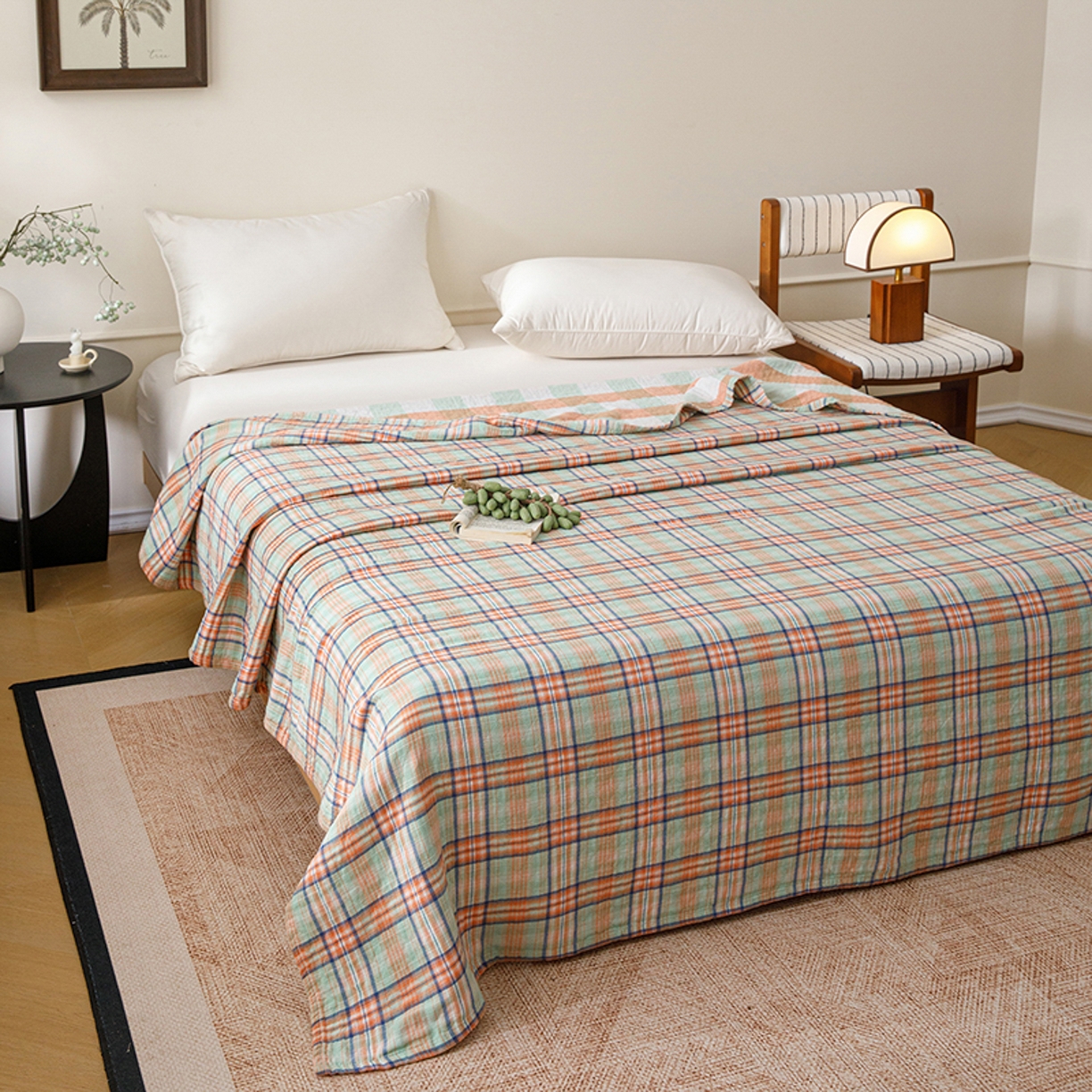 91家纺网 家纺一手货源 找家纺 悦然毛巾被 2026春夏新款全棉纯棉三层纱水洗毛巾被夏被夏凉被空调被 彩格绿