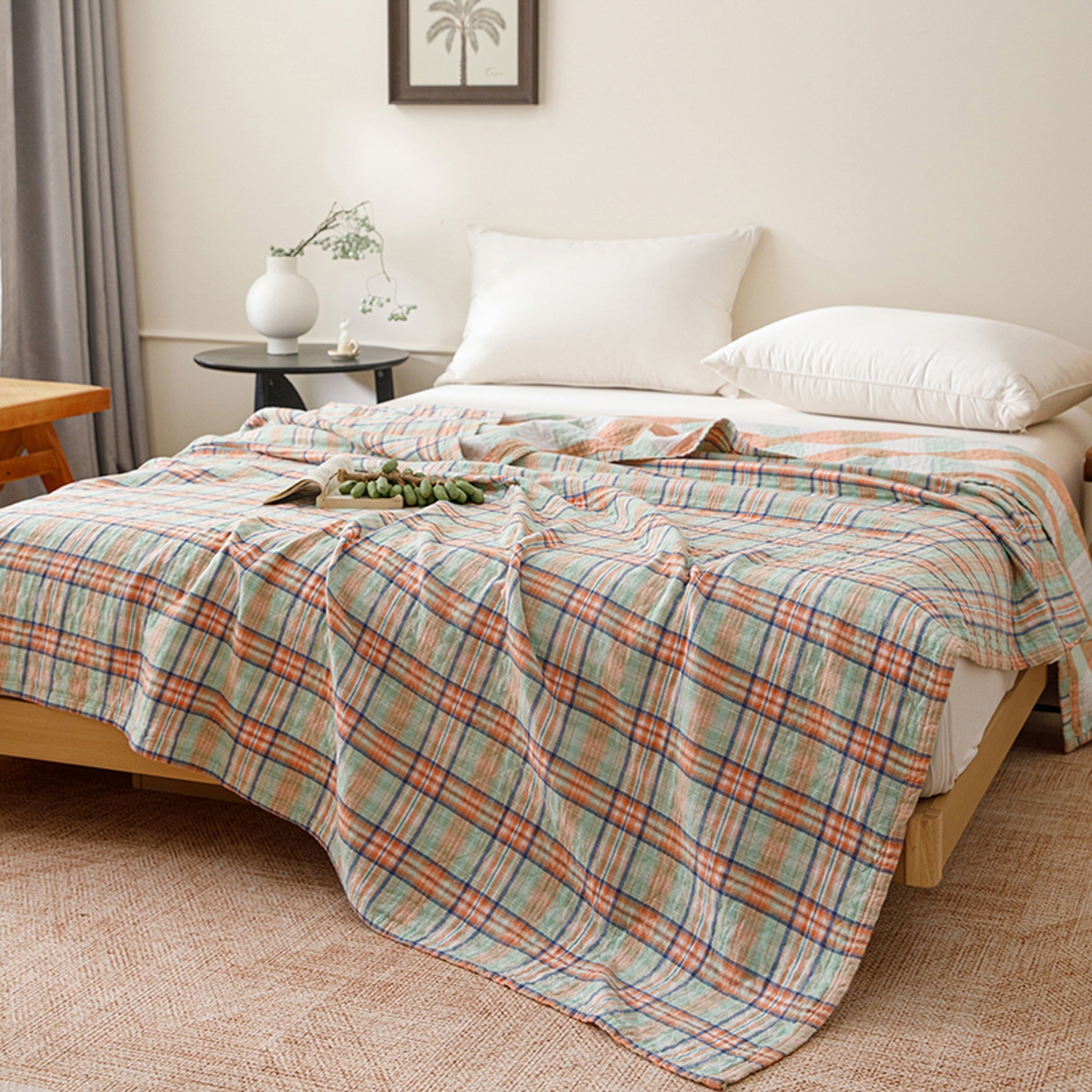 91家纺网 家纺一手货源 找家纺 悦然毛巾被 2026春夏新款全棉纯棉三层纱水洗毛巾被夏被夏凉被空调被 彩格绿