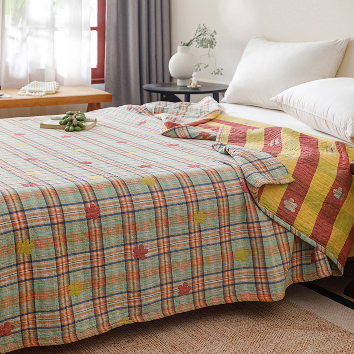 91家纺网 家纺一手货源 找家纺 悦然毛巾被 2026春夏新款全棉纯棉三层纱水洗毛巾被夏被夏凉被空调被 彩格小花绿