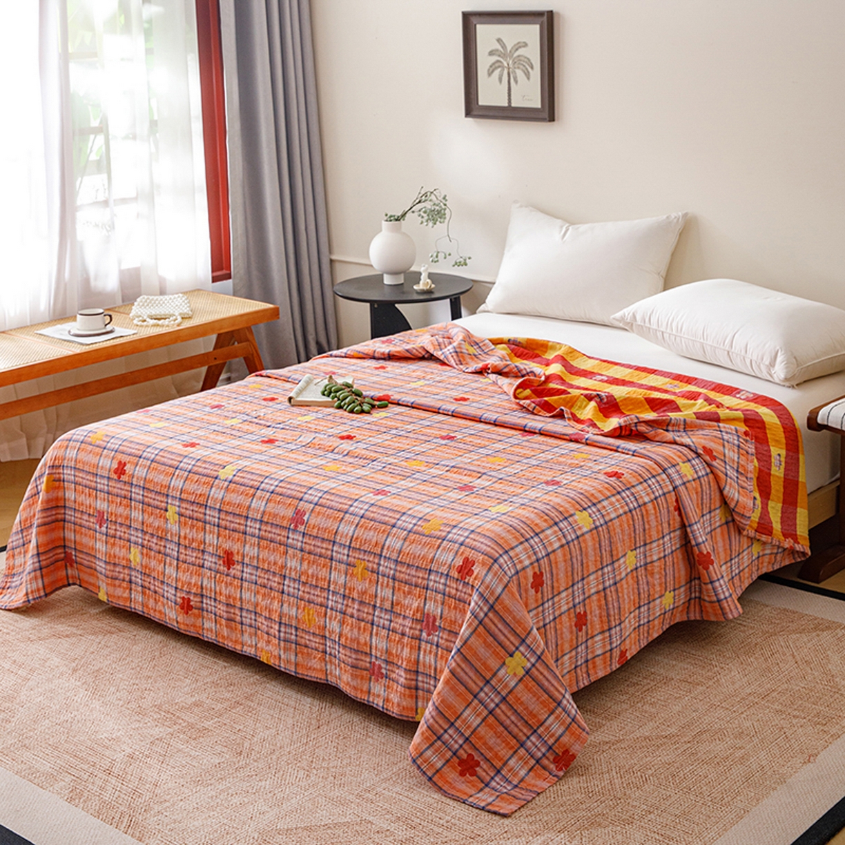 91家纺网 家纺一手货源 找家纺 悦然毛巾被 2026春夏新款全棉纯棉三层纱水洗毛巾被夏被夏凉被空调被 彩格小花橙