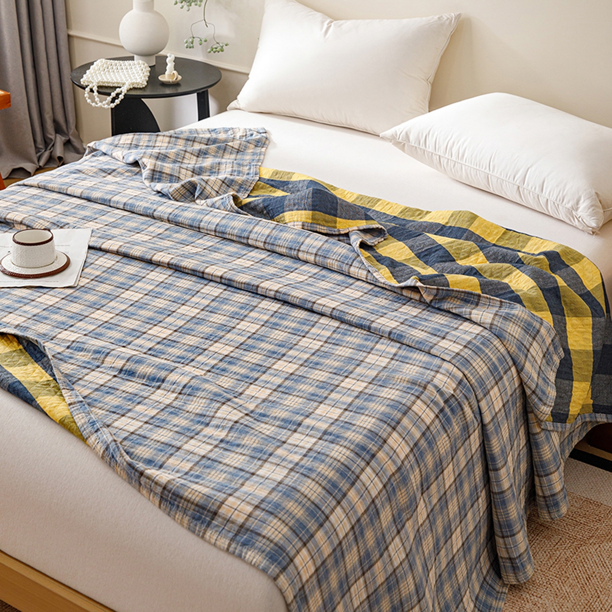 91家纺网 家纺一手货源 找家纺 悦然毛巾被 2026春夏新款全棉纯棉三层纱水洗毛巾被夏被夏凉被空调被 彩格蓝