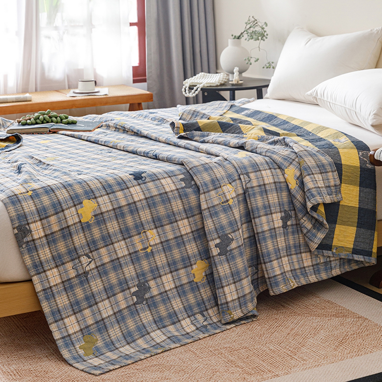 91家纺网 家纺一手货源 找家纺 悦然毛巾被 2026春夏新款全棉纯棉三层纱水洗毛巾被夏被夏凉被空调被 彩格小马蓝