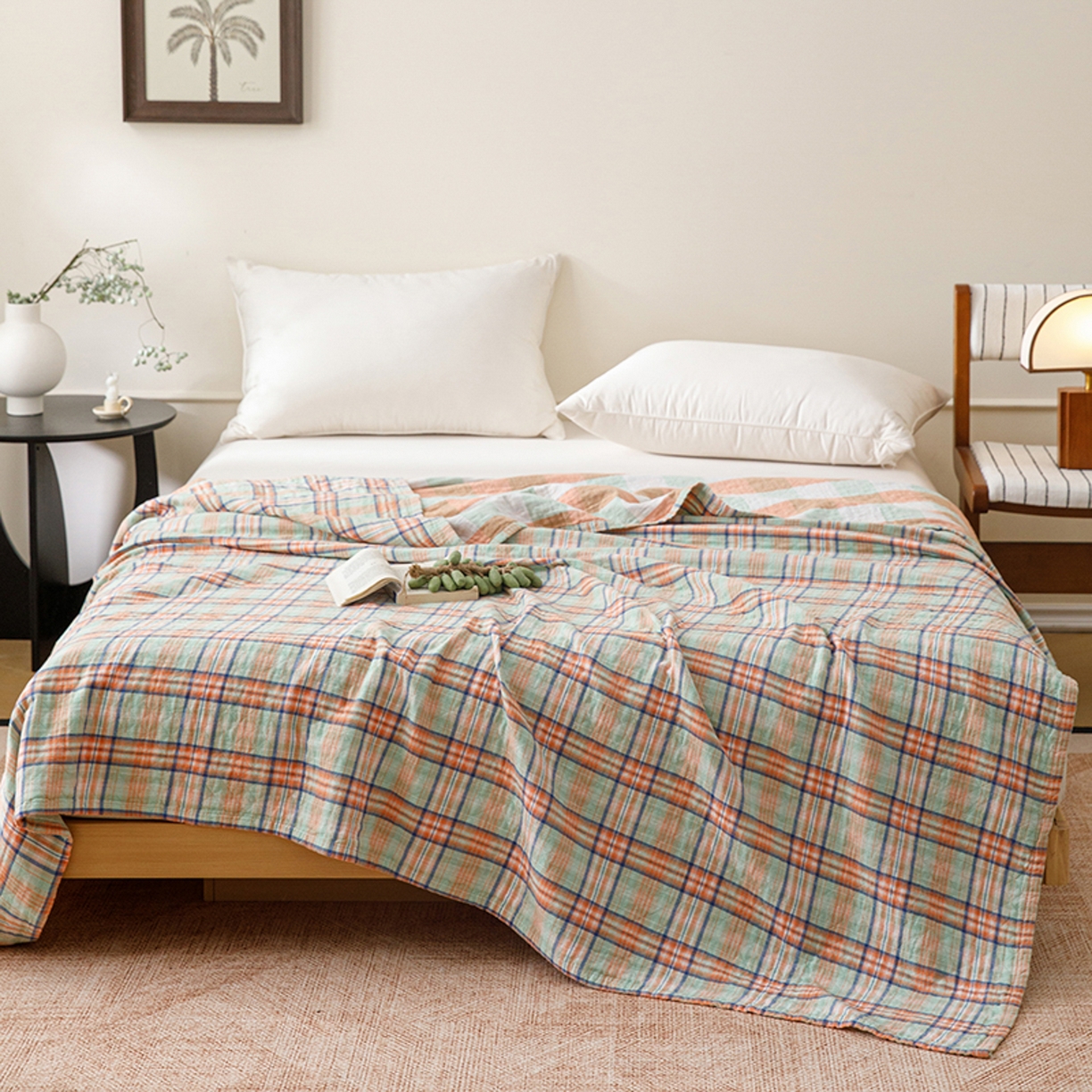 悦然毛巾被 2026春夏新款全棉纯棉三层纱水洗毛巾被夏被夏凉被空调被 彩格绿