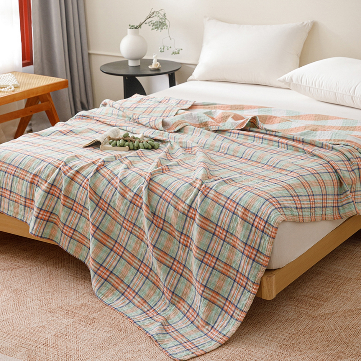 91家纺网 家纺一手货源 找家纺 悦然毛巾被 2026春夏新款全棉纯棉三层纱水洗毛巾被夏被夏凉被空调被 彩格绿