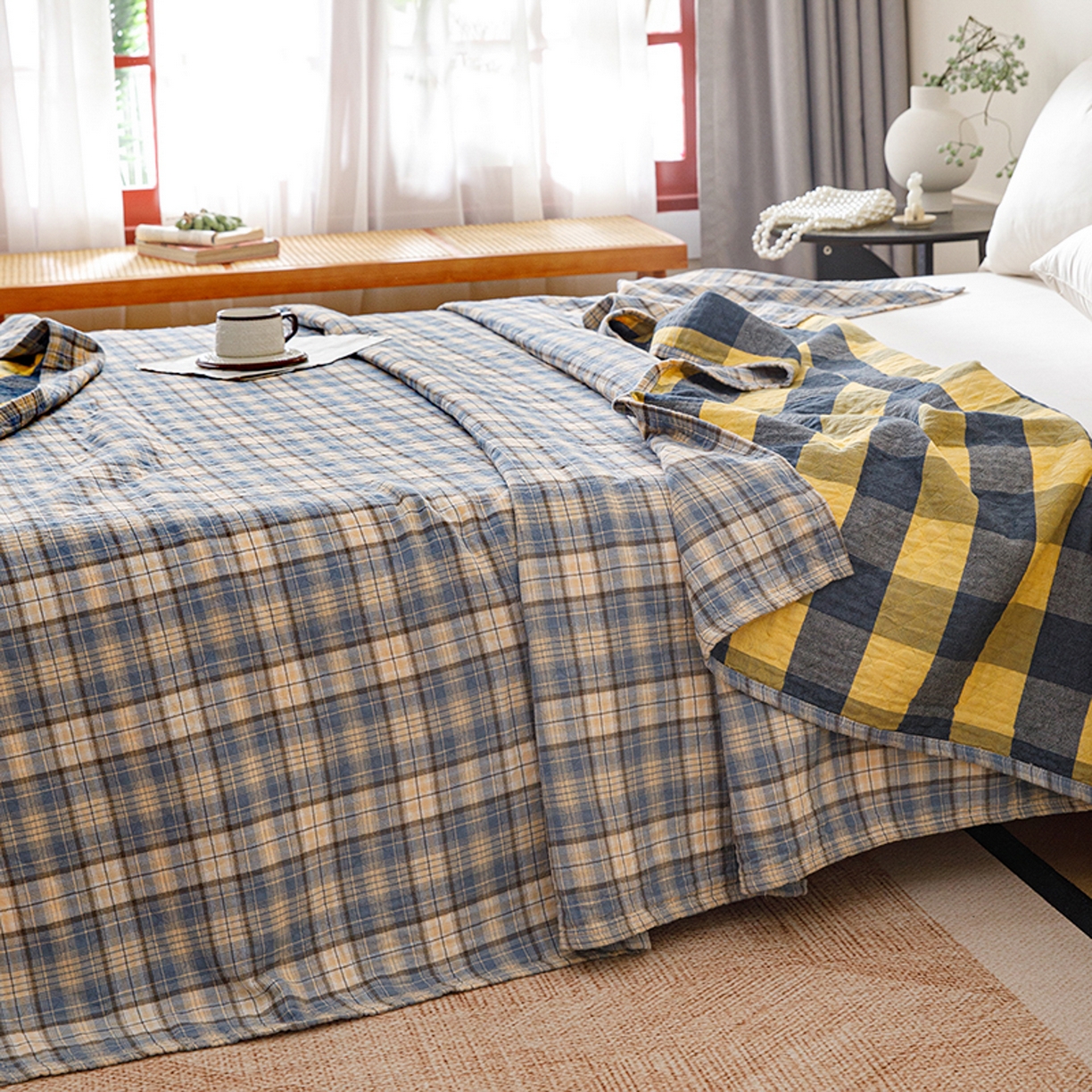 91家纺网 家纺一手货源 找家纺 悦然毛巾被 2026春夏新款全棉纯棉三层纱水洗毛巾被夏被夏凉被空调被 彩格蓝