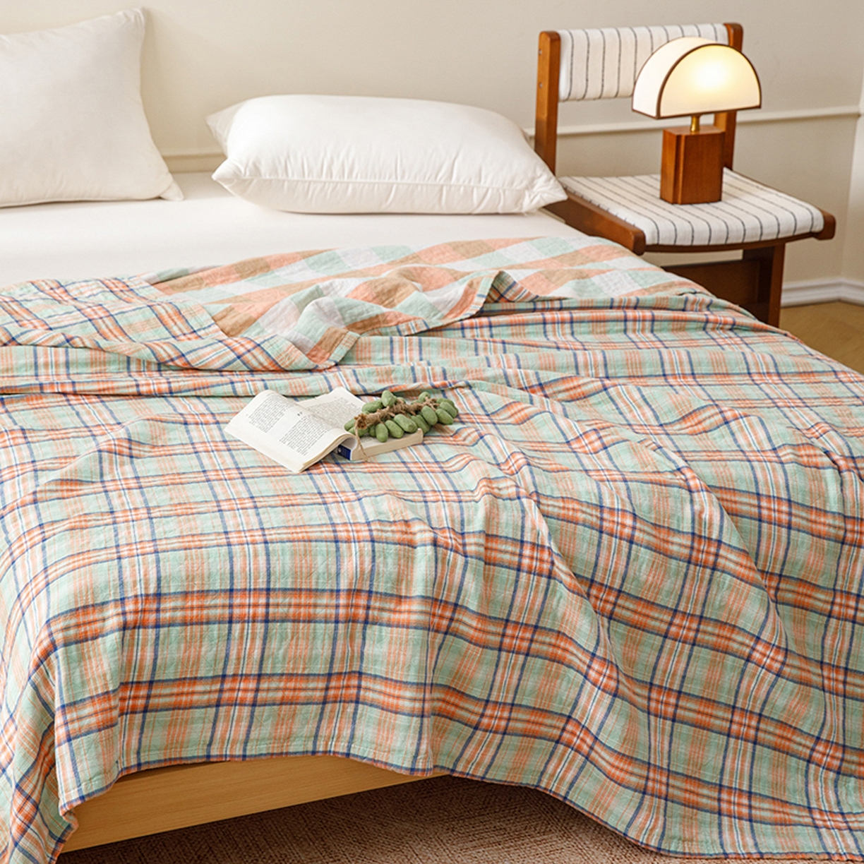 91家纺网 家纺一手货源 找家纺 悦然毛巾被 2026春夏新款全棉纯棉三层纱水洗毛巾被夏被夏凉被空调被 彩格绿