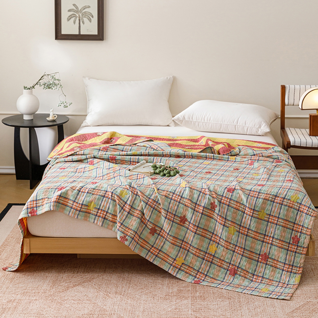 悦然毛巾被 2026春夏新款全棉纯棉三层纱水洗毛巾被夏被夏凉被空调被 彩格小花绿