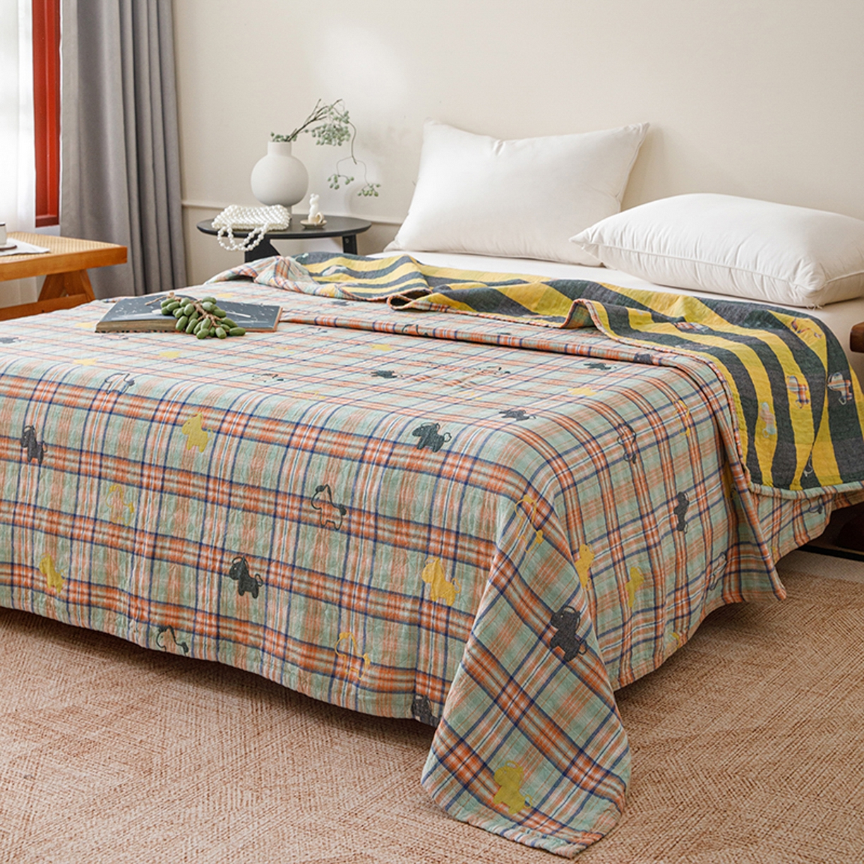 91家纺网 家纺一手货源 找家纺 悦然毛巾被 2026春夏新款全棉纯棉三层纱水洗毛巾被夏被夏凉被空调被 彩格小马绿