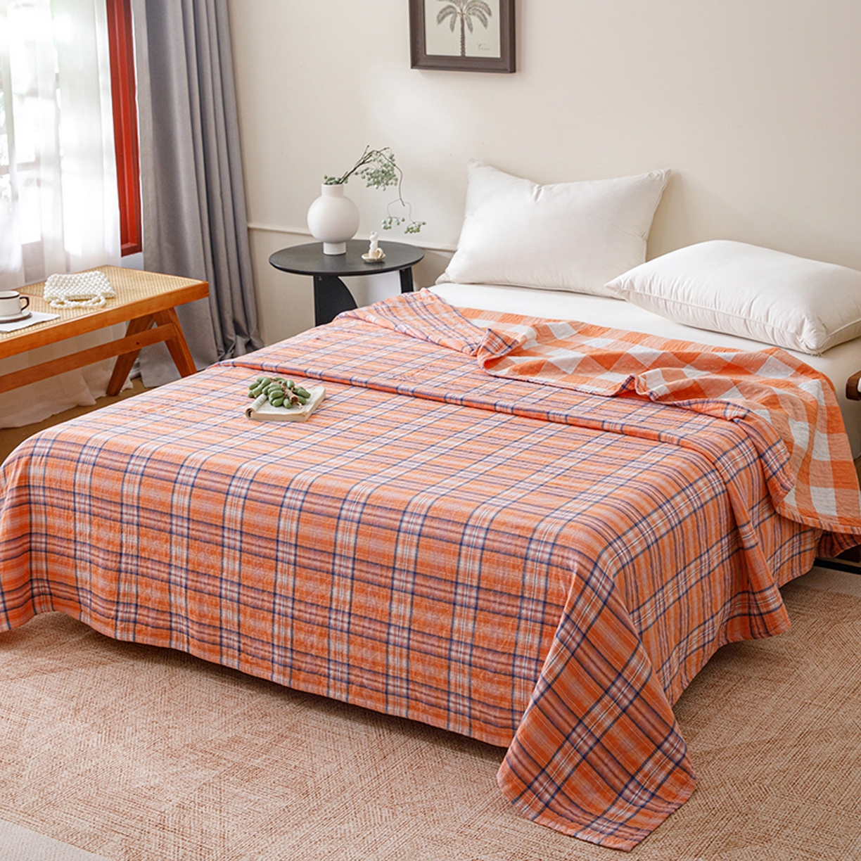 91家纺网 家纺一手货源 找家纺 悦然毛巾被 2026春夏新款全棉纯棉三层纱水洗毛巾被夏被夏凉被空调被 彩格橙