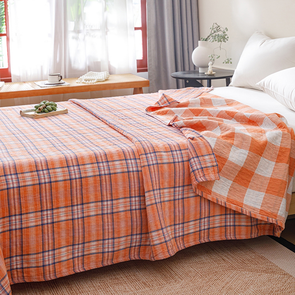 91家纺网 家纺一手货源 找家纺 悦然毛巾被 2026春夏新款全棉纯棉三层纱水洗毛巾被夏被夏凉被空调被 彩格橙