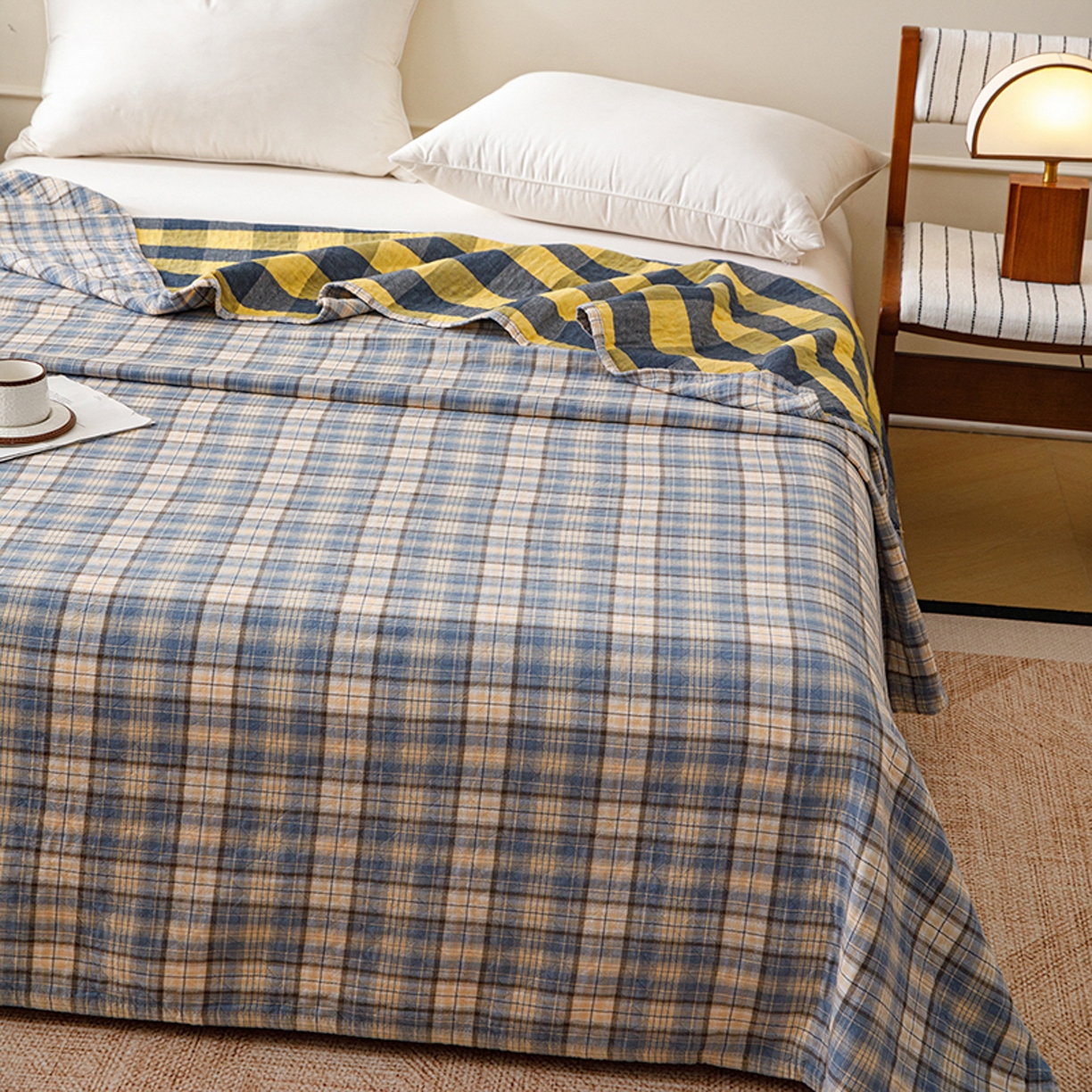 91家纺网 家纺一手货源 找家纺 悦然毛巾被 2026春夏新款全棉纯棉三层纱水洗毛巾被夏被夏凉被空调被 彩格蓝