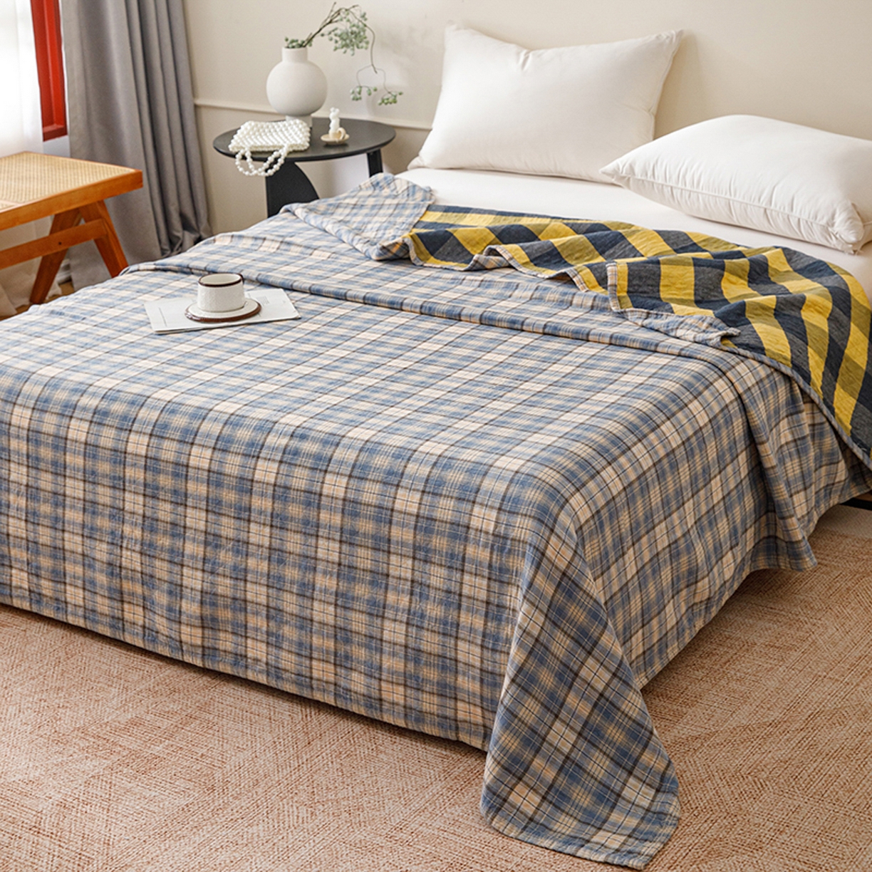 91家纺网 家纺一手货源 找家纺 悦然毛巾被 2026春夏新款全棉纯棉三层纱水洗毛巾被夏被夏凉被空调被 彩格蓝